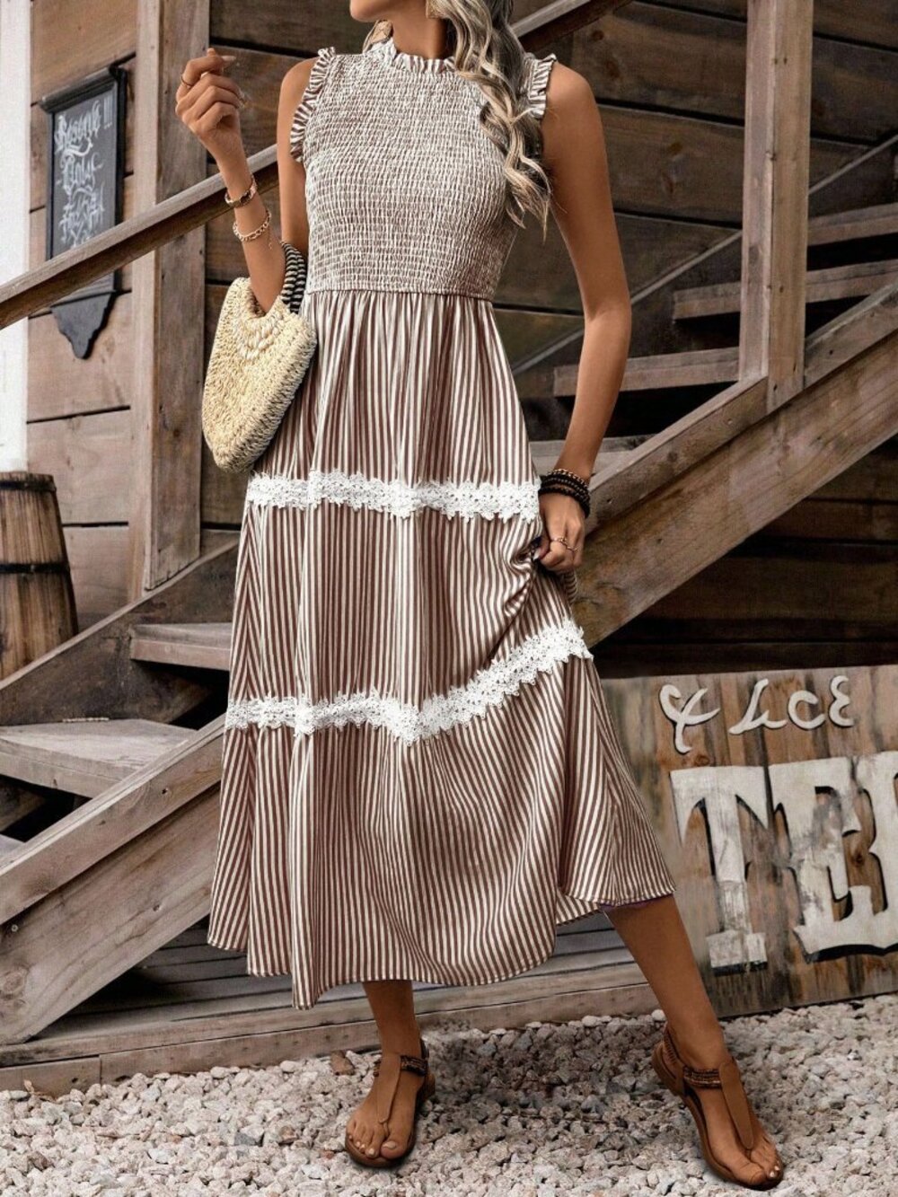 Brown Casual Women's Sleeveless Striped Frill Hem maxiDress - Picture 5 of 6